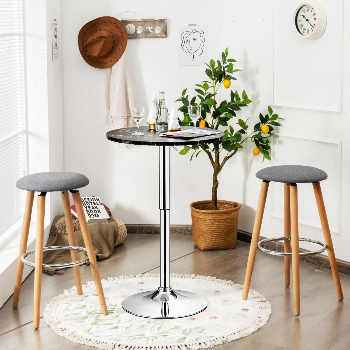 Modern Round Marble Bar Table with Silver Leg and Base - Black